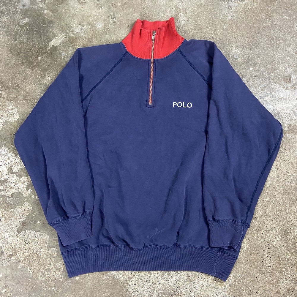 Vintage 80s Polo Ralph Lauren 1/4 Zip Fleece Size Medium Blue Red Color Block